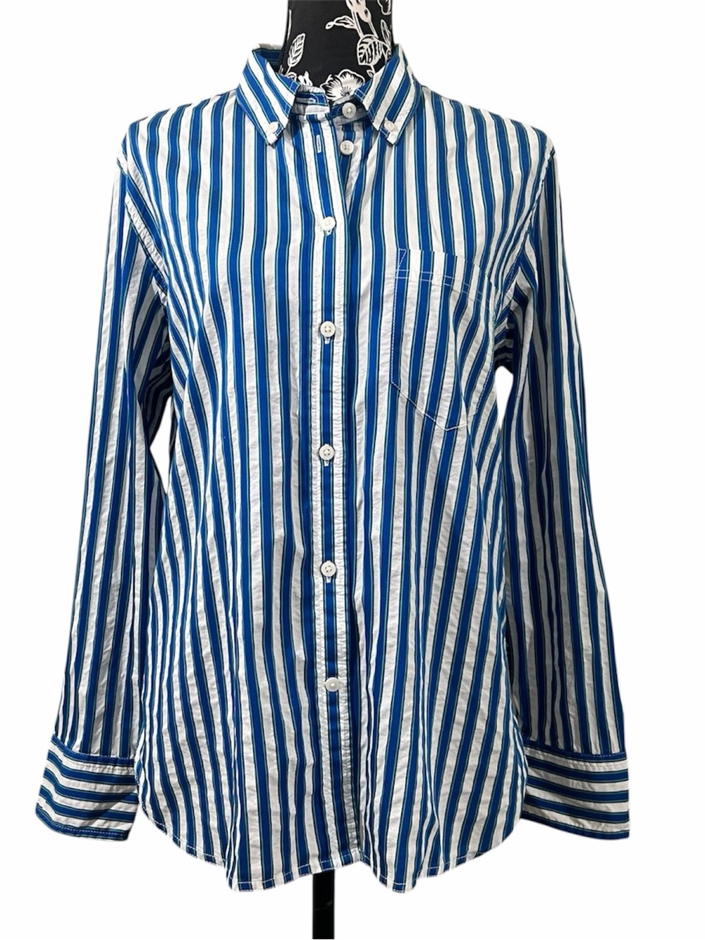 J. Crew Blue and White Stripe Cotton Button Shirt with Green Accents
